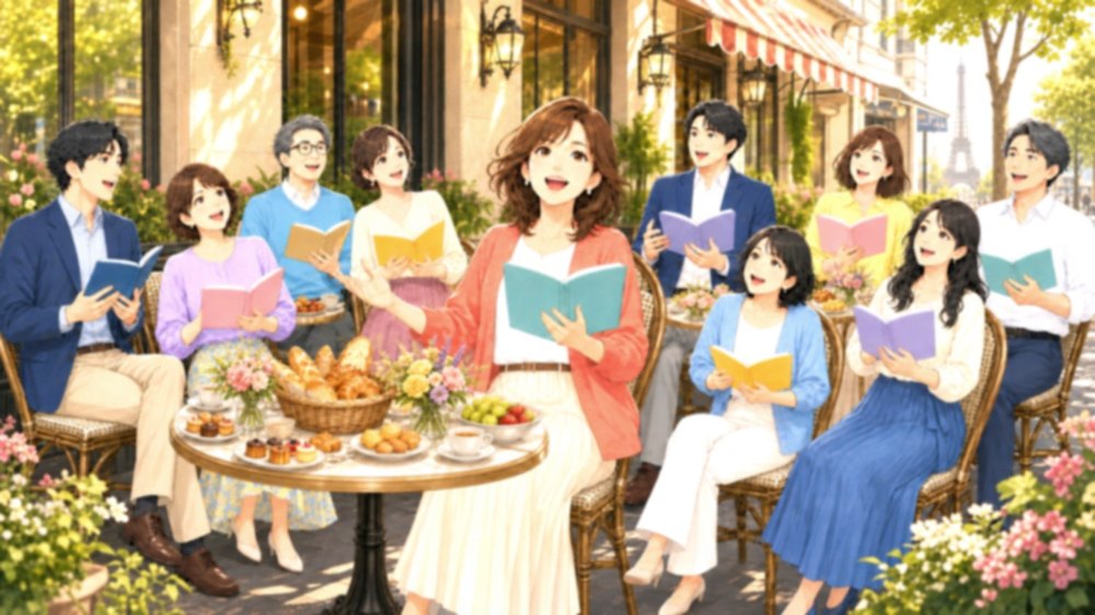 パリのカフェで朗読を楽しむ皆さん