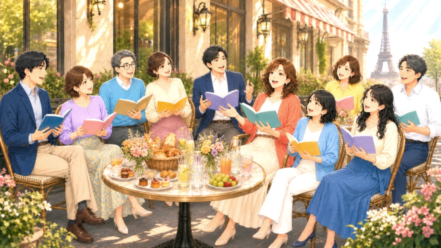 パリのカフェで、みんなで本を手に朗読を楽しむ様子